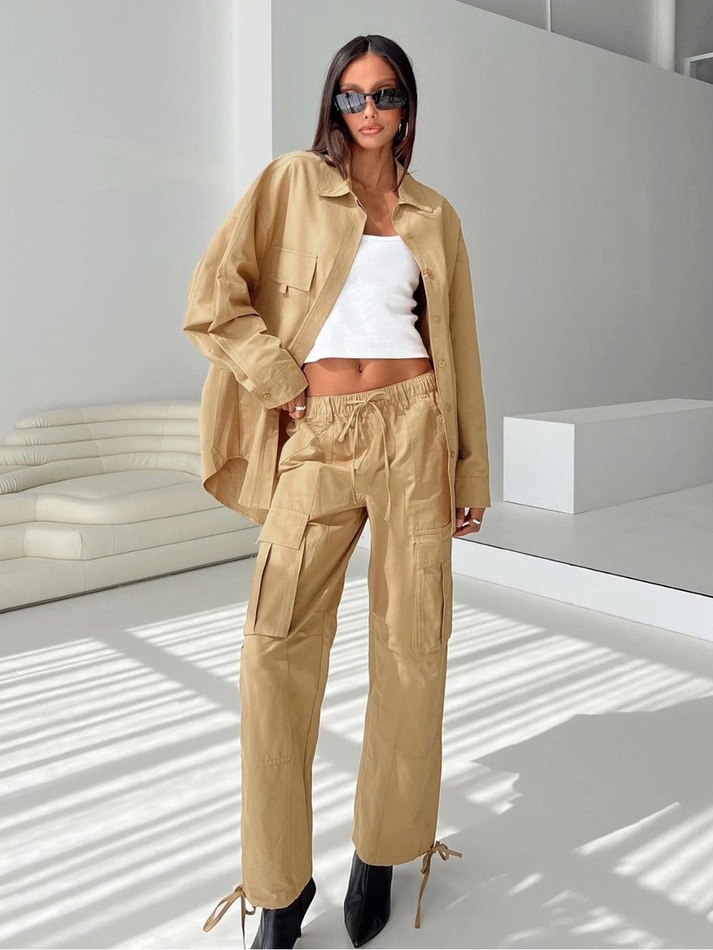 Edikted Tan Cargo Boot Flare Pants with Utility Pockets
